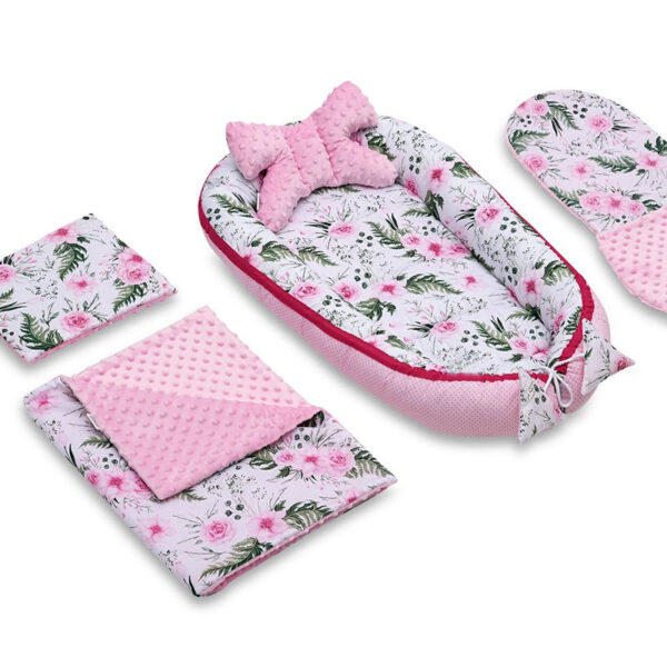 Βρεφική Φωλιά Pink Floral Pom Pom με Σετ Δώρου 4+1