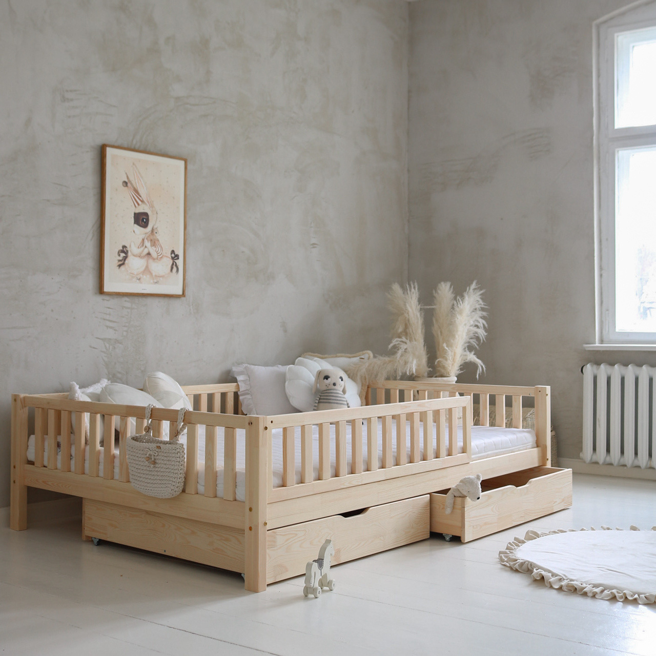 Basic-Love-Plus-with-railing-natural-2-drawers-with-storage-function-fast-shipping Basic Love Plus παιδικό κρεβάτι με πλακέ κάγκελο 200x140εκ. και αποθηκευτικό χώρο (γρήγορη παράδοση) - Image 1